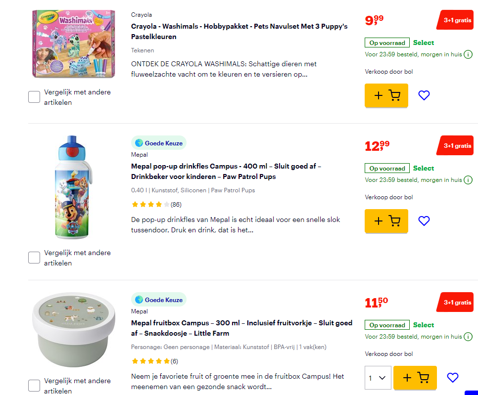 3+1 gratis op tal van baby en speelgoed artikelen bij Bol
